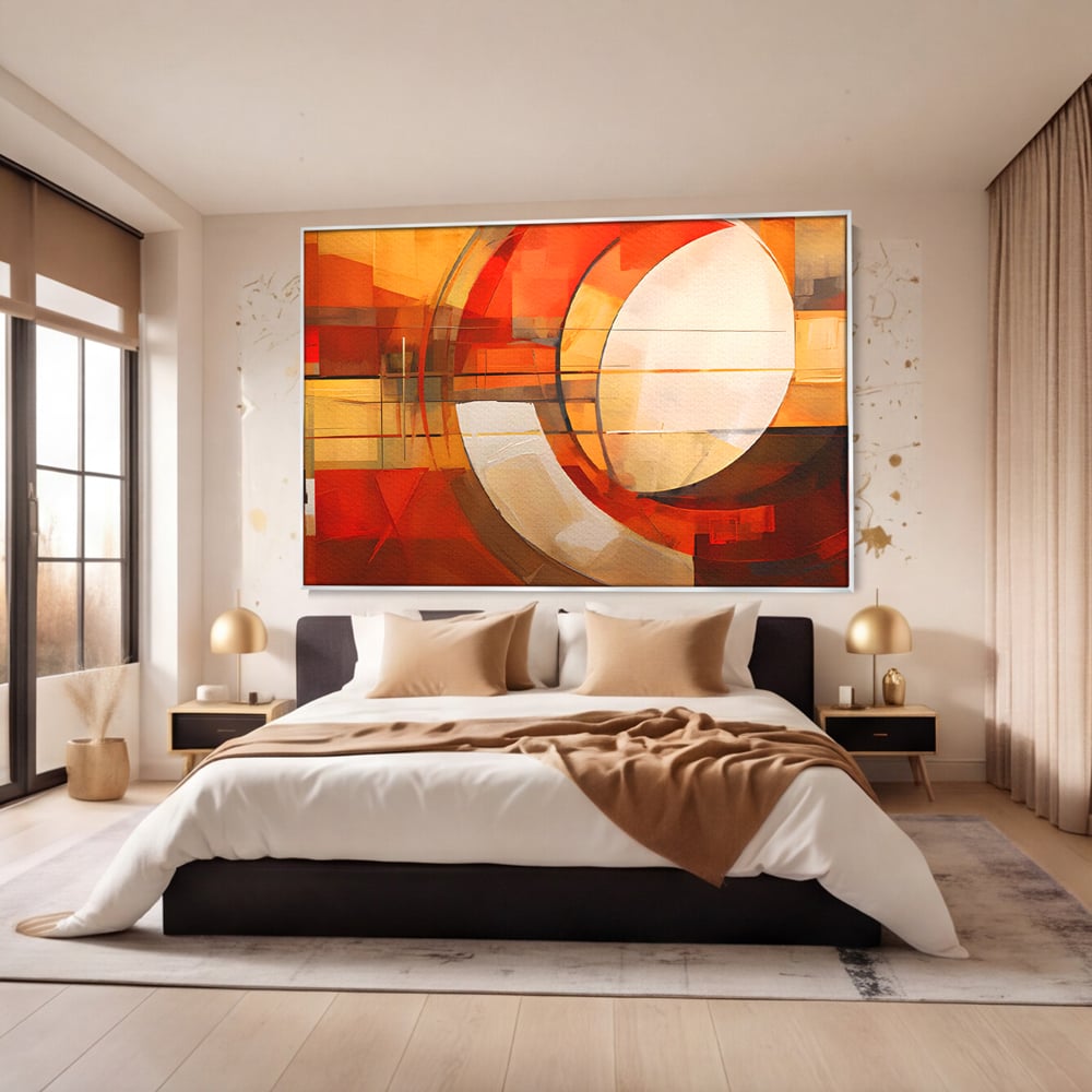 Tablou canvas cu tablou canvas cu pictura abstracta geometrica, in rama de aluminiu argintiu, pe perete intr-un dormitor