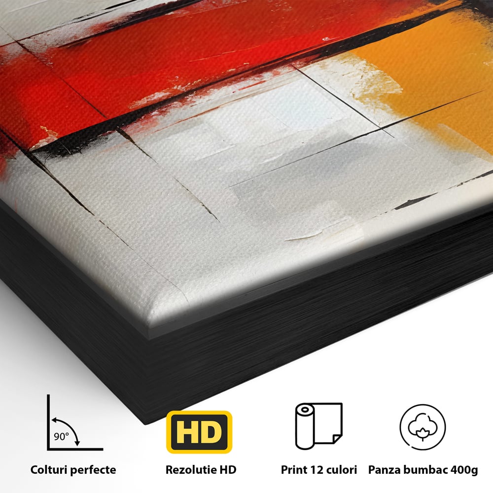 Detaliu al suprafetei: pictura abstracta cu banda rosie, in rama de aluminiu negru