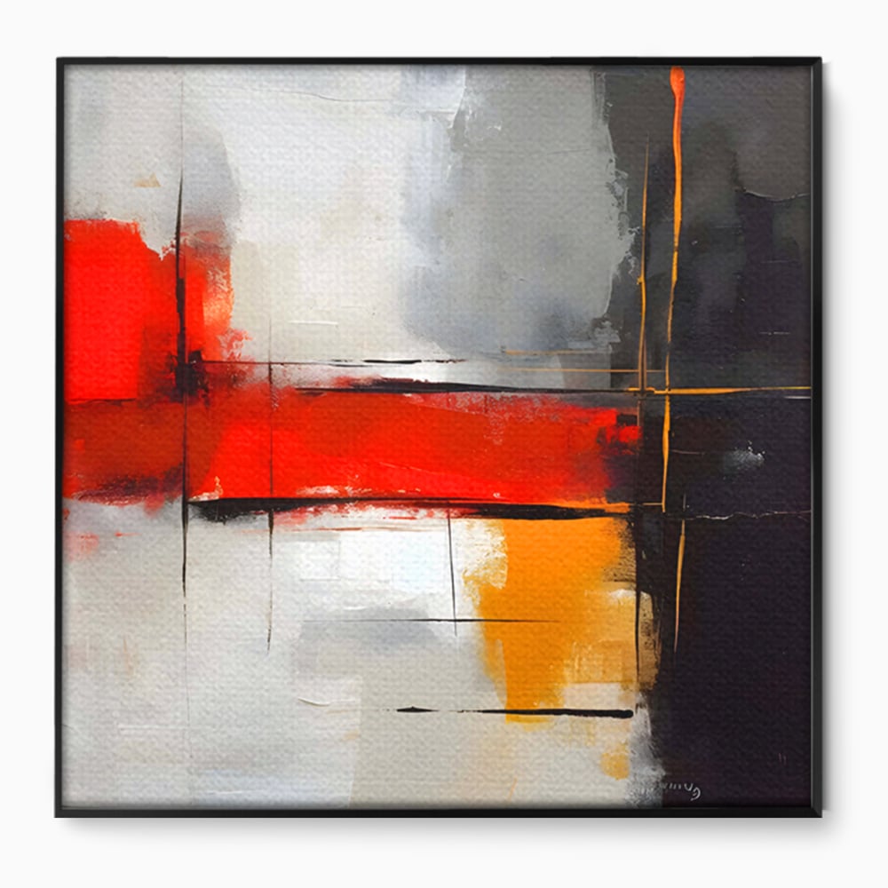 Tablou canvas cu pictura abstracta cu banda rosie, in rama de aluminiu negru