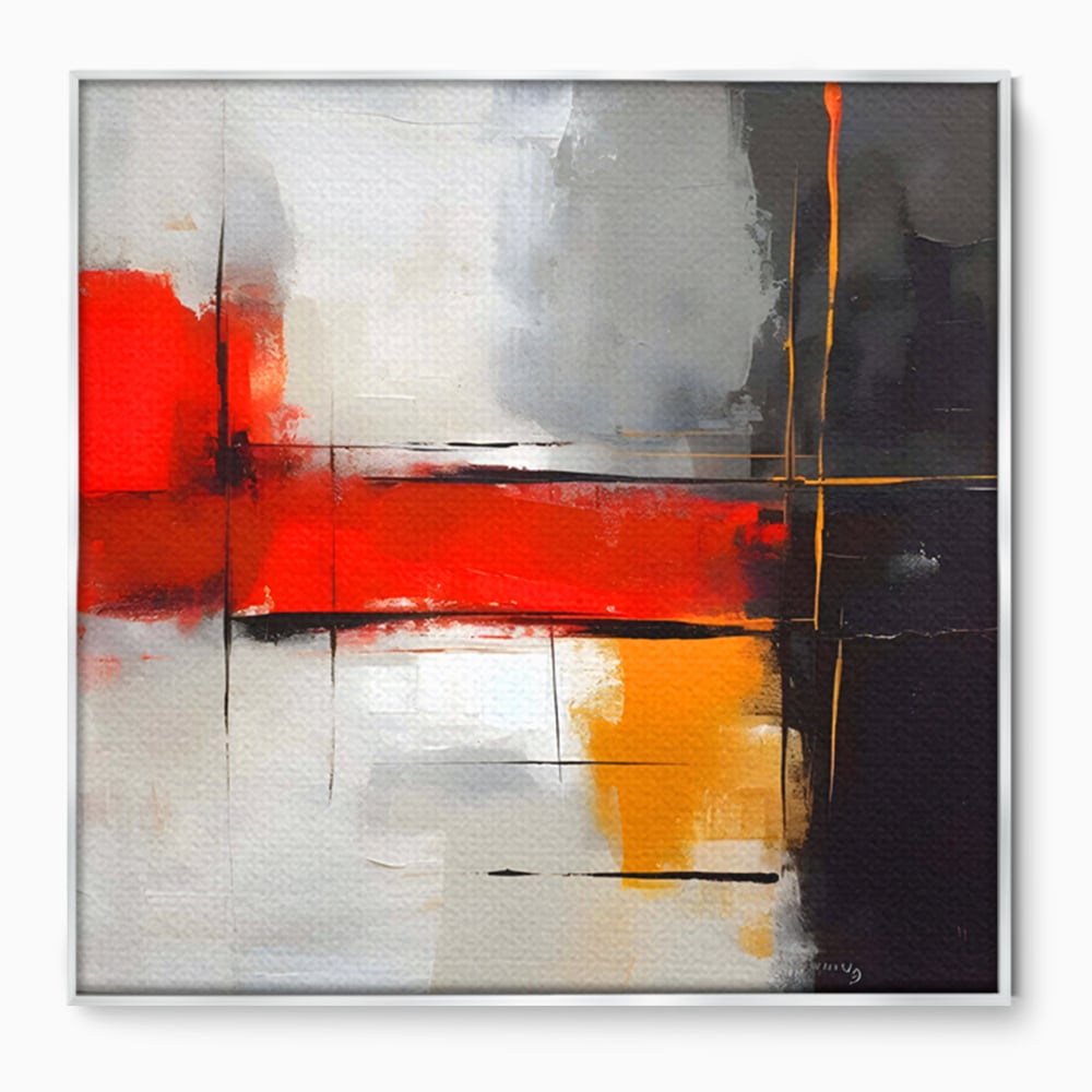 Tablou canvas cu pictura abstracta cu banda rosie, in rama de aluminiu argintiu