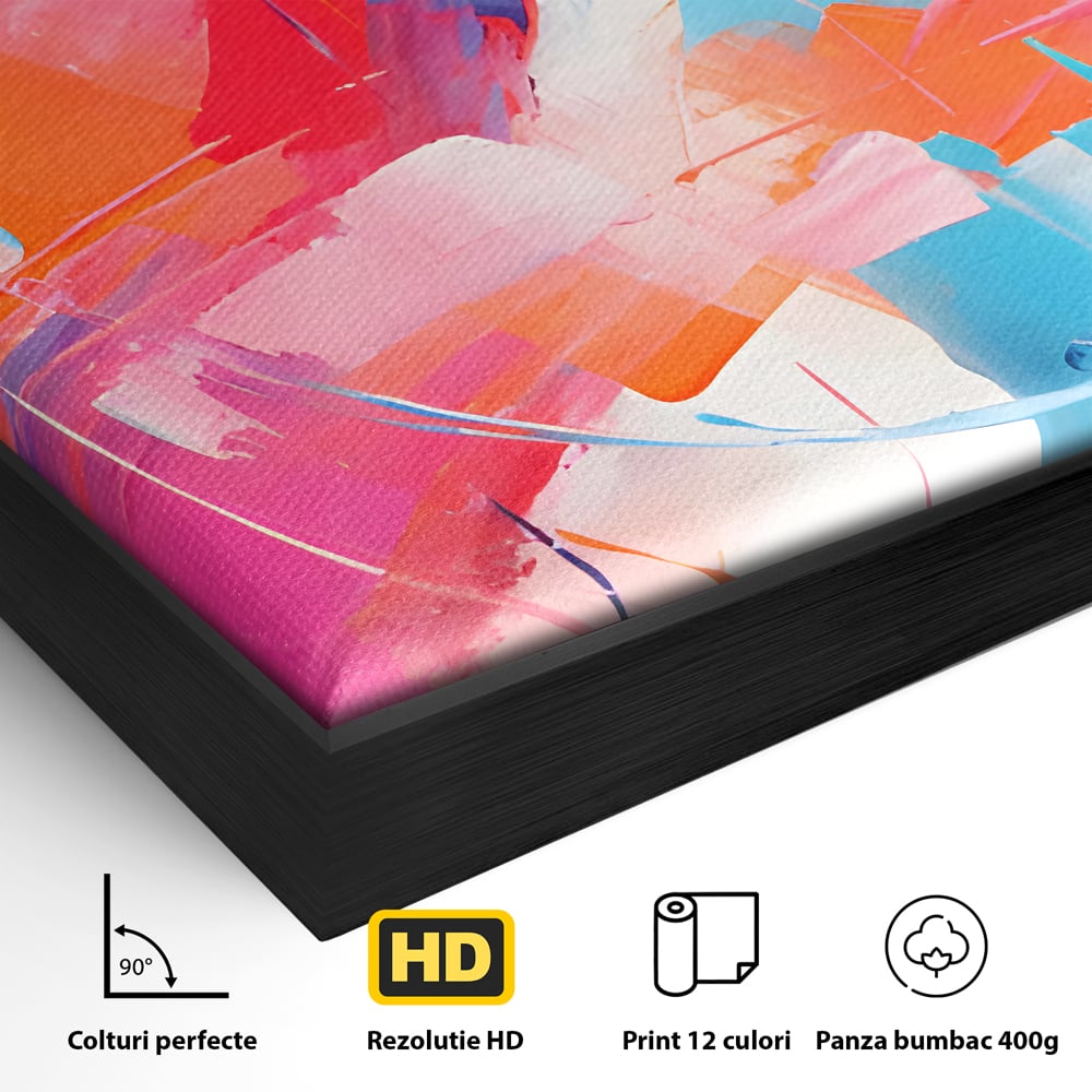 Detaliu al suprafetei: pictura abstracta cu pete multicolore, in rama de aluminiu negru
