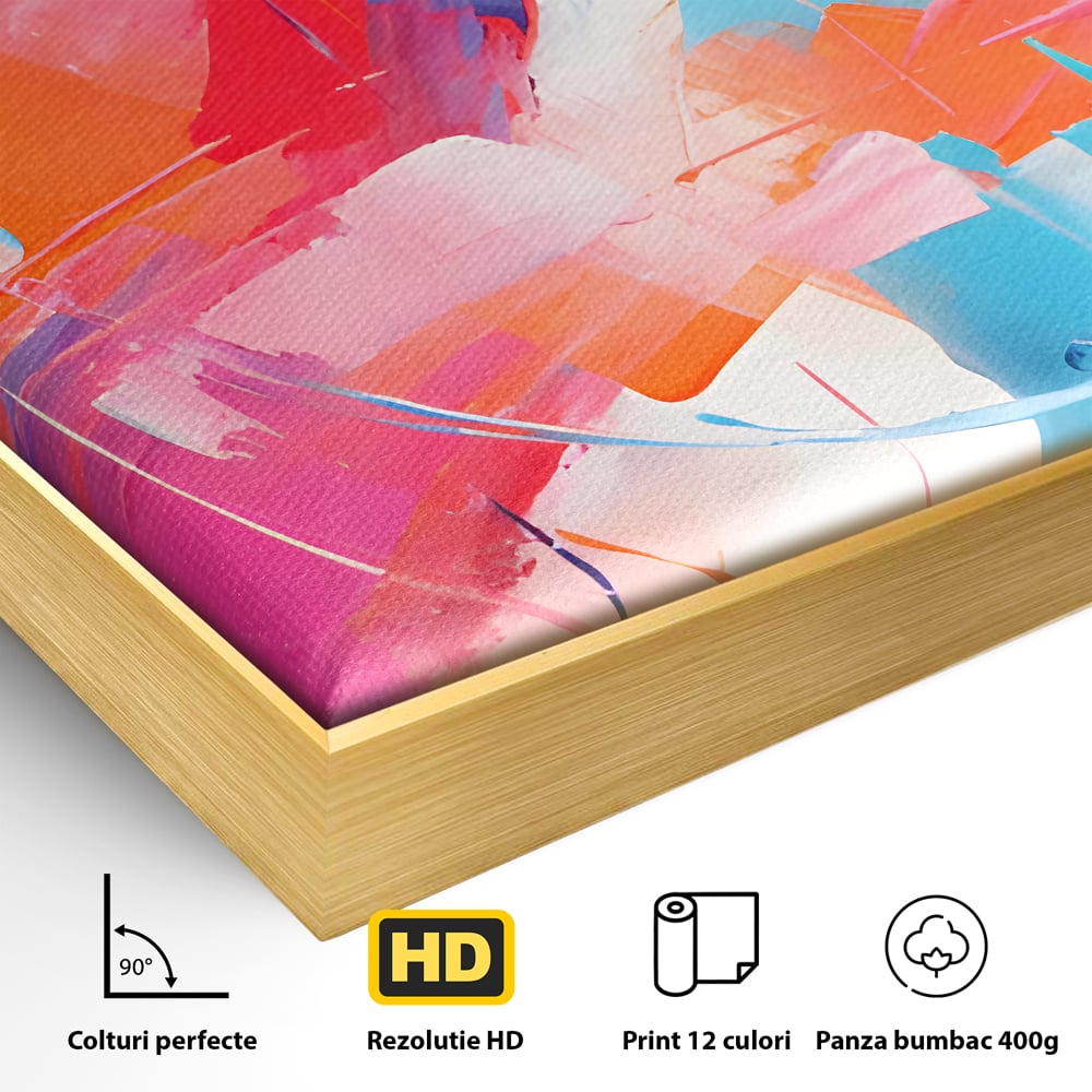 Detaliu al suprafetei: pictura abstracta cu pete multicolore, in rama de aluminiu auriu