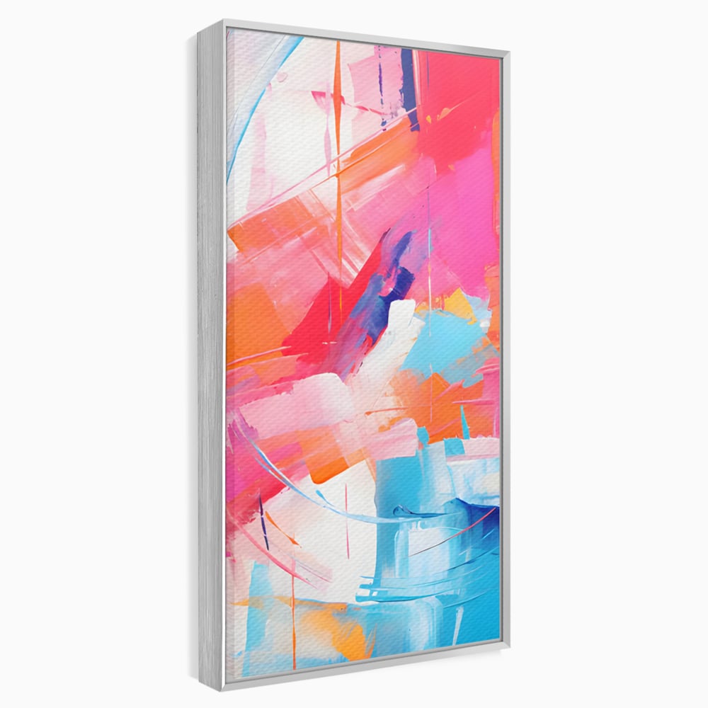 Tablou canvas cu pictura abstracta cu pete multicolore, in rama de aluminiu argintiu
