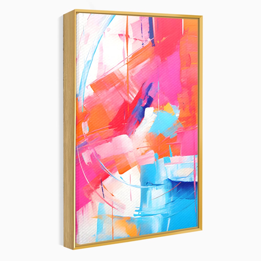 Tablou canvas cu pictura abstracta cu pete multicolore, in rama de aluminiu auriu