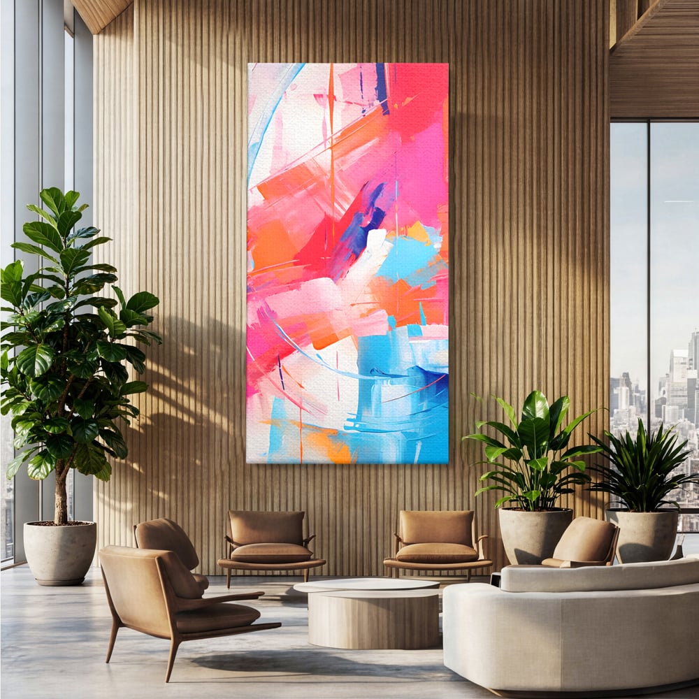 Tablou canvas cu pictura abstracta cu pete multicolore, fara rama, pe sasiu de lemn, pe perete intr-un birou