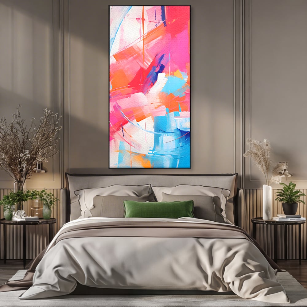 Tablou canvas cu pictura abstracta cu pete multicolore, in rama de aluminiu negru, pe perete intr-un dormitor