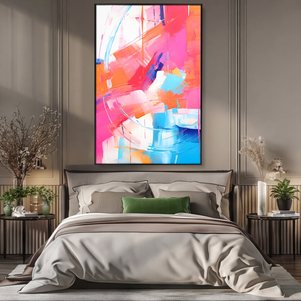 Tablou canvas cu pictura abstracta cu pete multicolore, in rama de aluminiu negru, pe perete intr-un dormitor