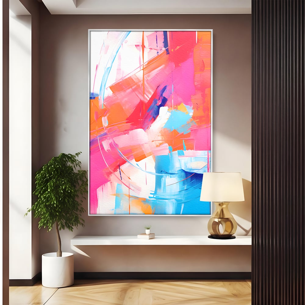 Tablou canvas cu pictura abstracta cu pete multicolore, in rama de aluminiu argintiu