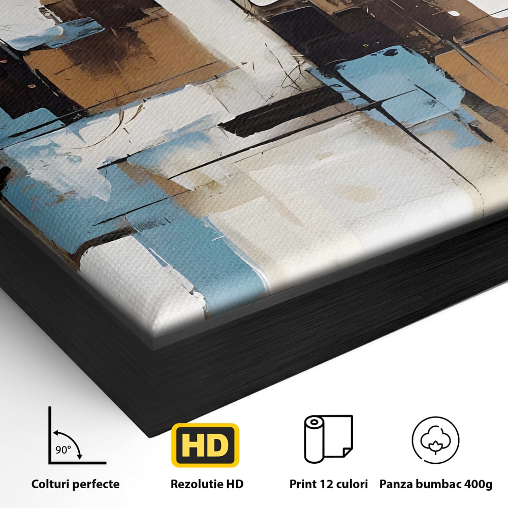 Detaliu al suprafetei: pictura abstracta cu forme geometrice albastre, in rama de aluminiu negru