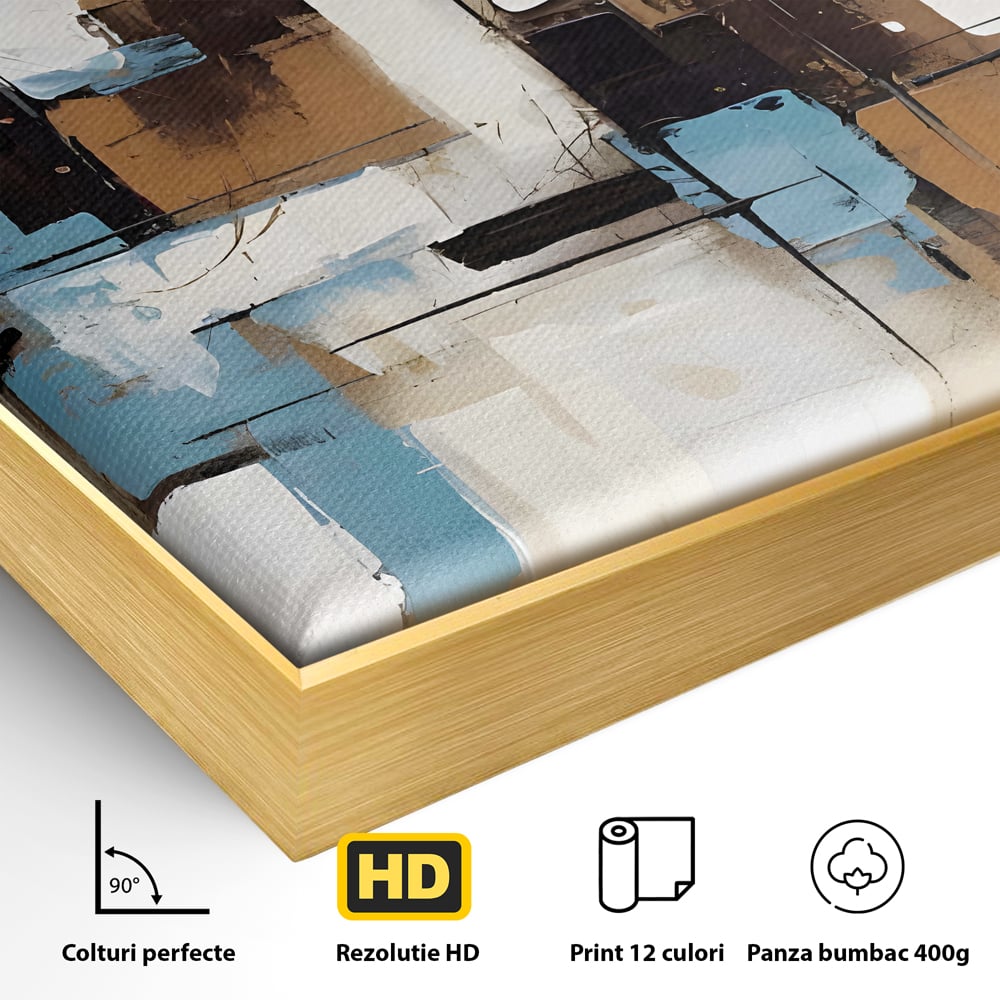 Detaliu al suprafetei: pictura abstracta cu forme geometrice albastre, in rama de aluminiu auriu