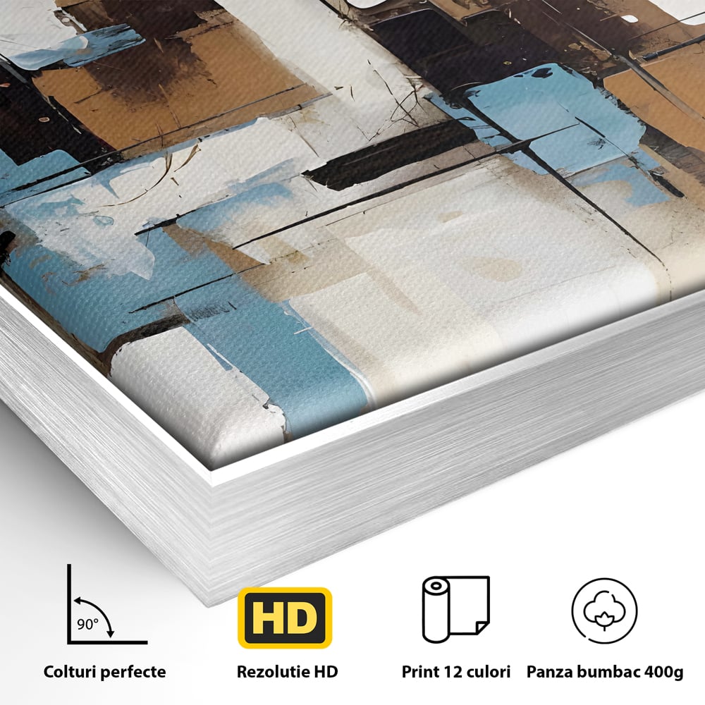 Detaliu al suprafetei: pictura abstracta cu forme geometrice albastre, in rama de aluminiu argintiu