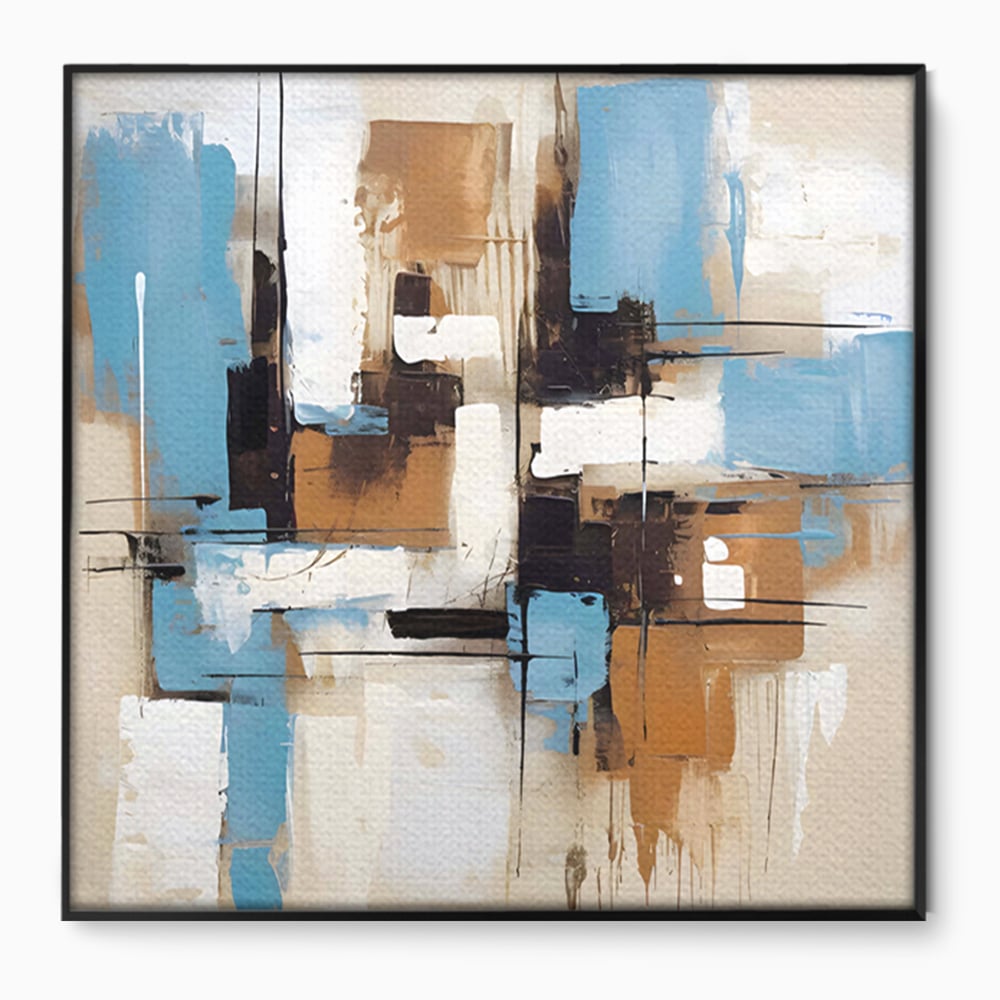 Tablou canvas cu pictura abstracta cu forme geometrice albastre, in rama de aluminiu negru