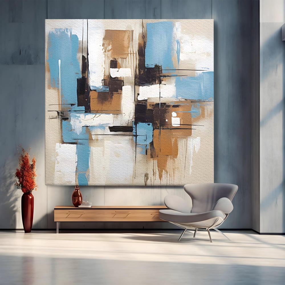 Tablou canvas cu pictura abstracta cu forme geometrice albastre, fara rama, pe sasiu de lemn
