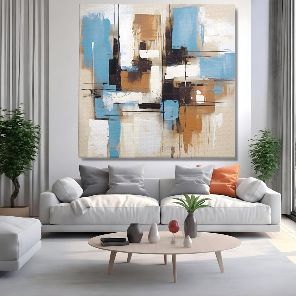 Tablou canvas cu pictura abstracta cu forme geometrice albastre, fara rama, pe sasiu de lemn, pe perete intr-un living