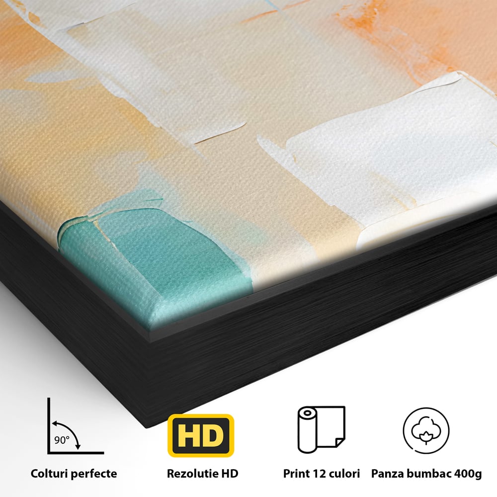 Detaliu al suprafetei: pictura abstracta cu pete colorate, in rama de aluminiu negru