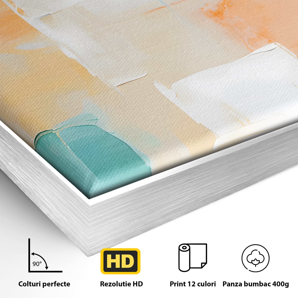 Detaliu al suprafetei: pictura abstracta cu pete colorate, in rama de aluminiu argintiu