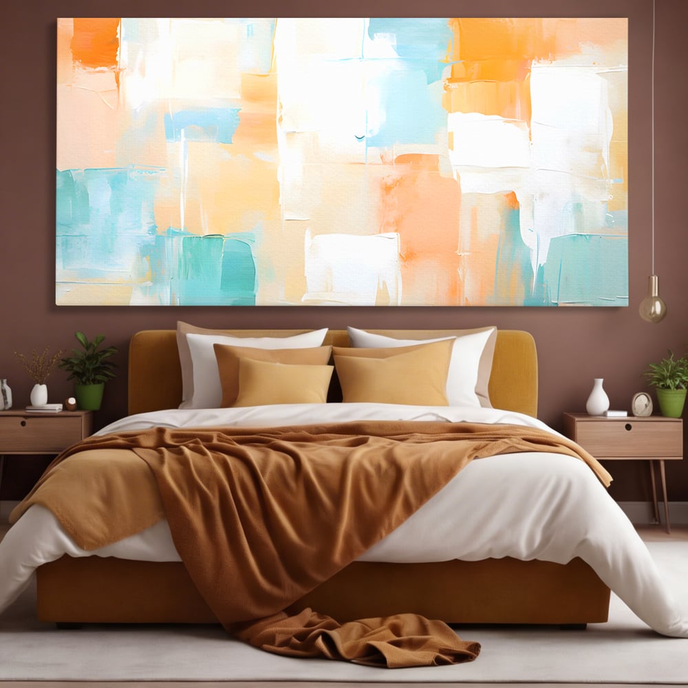 Tablou canvas cu pictura abstracta cu pete colorate, fara rama, pe sasiu de lemn, pe perete intr-un dormitor