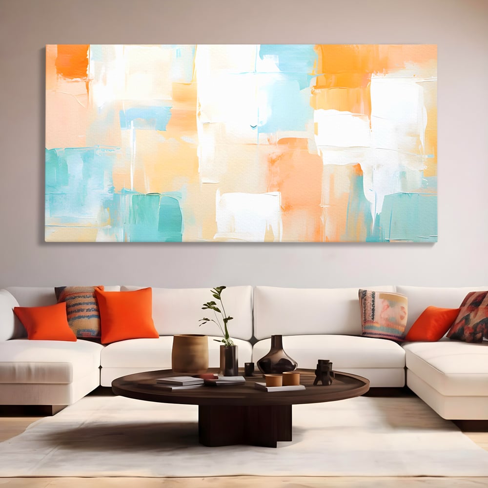 Tablou canvas cu pictura abstracta cu pete colorate, fara rama, pe sasiu de lemn, pe perete intr-un living