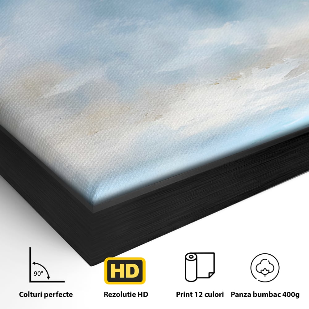 Detaliu al suprafetei: tablou pictura abstracta cer si mare, in rama de aluminiu negru