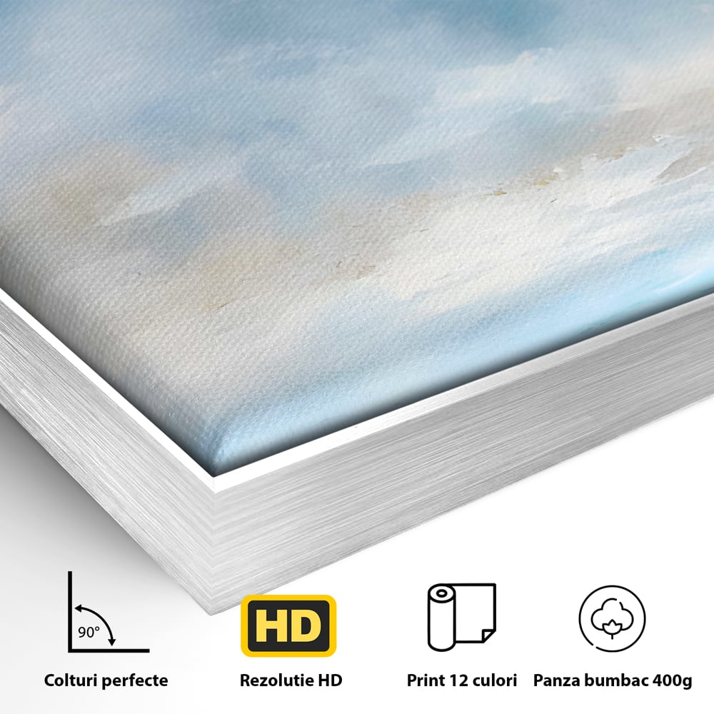 Detaliu al suprafetei: tablou pictura abstracta cer si mare, in rama de aluminiu argintiu