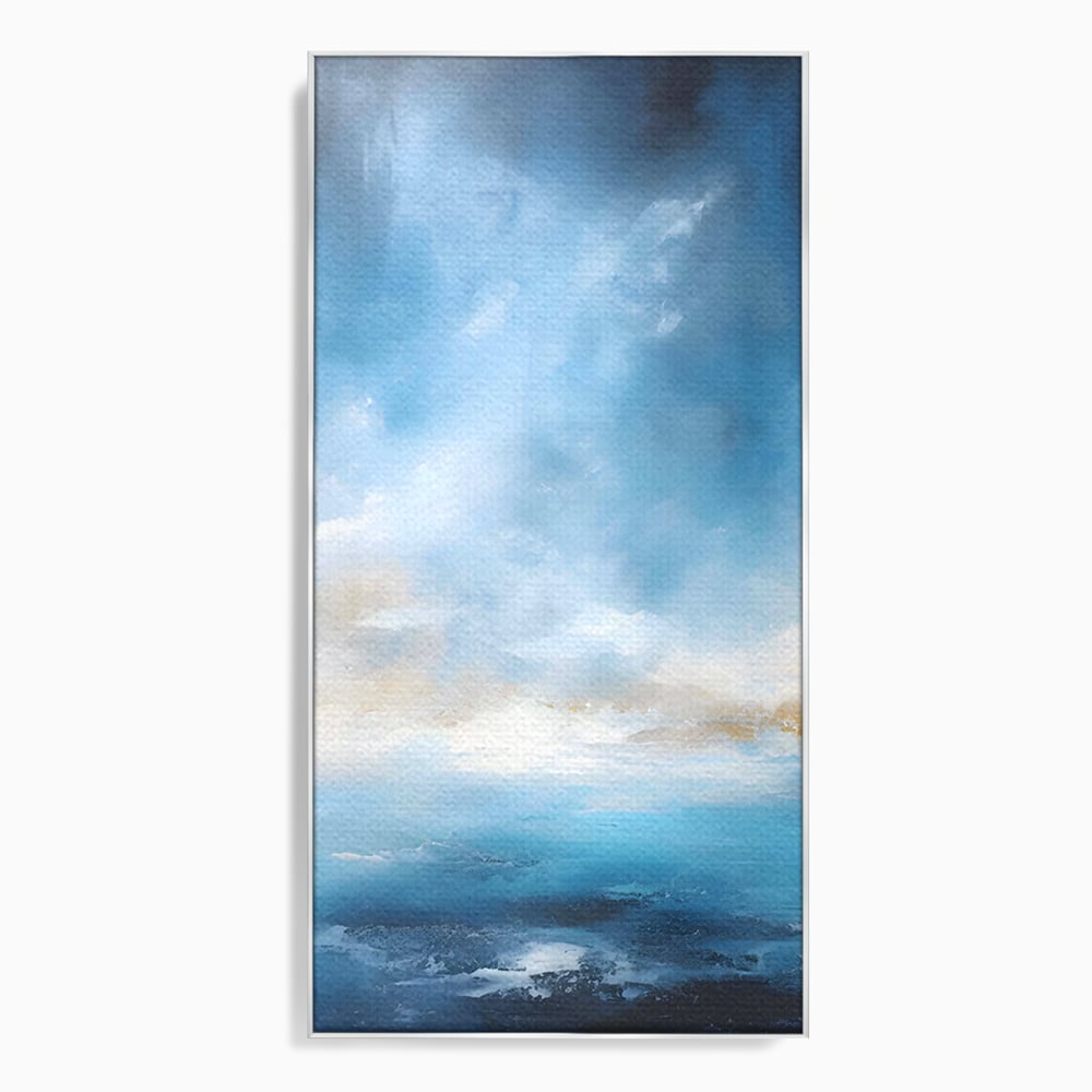 Tablou canvas cu tablou pictura abstracta cer si mare, in rama de aluminiu argintiu