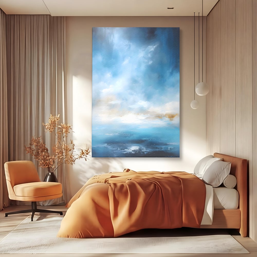 Tablou canvas cu tablou pictura abstracta cer si mare, fara rama, pe sasiu de lemn, pe perete intr-un dormitor