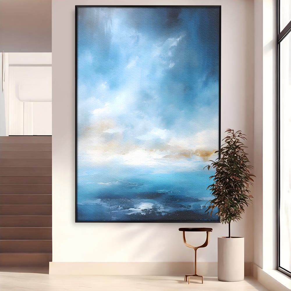 Tablou canvas cu tablou pictura abstracta cer si mare, in rama de aluminiu negru