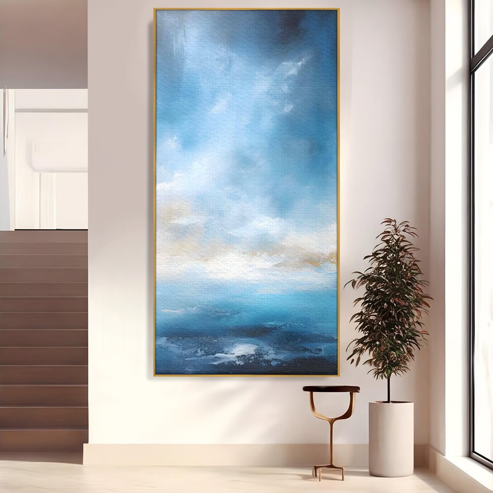 Tablou canvas cu tablou pictura abstracta cer si mare, in rama de aluminiu auriu