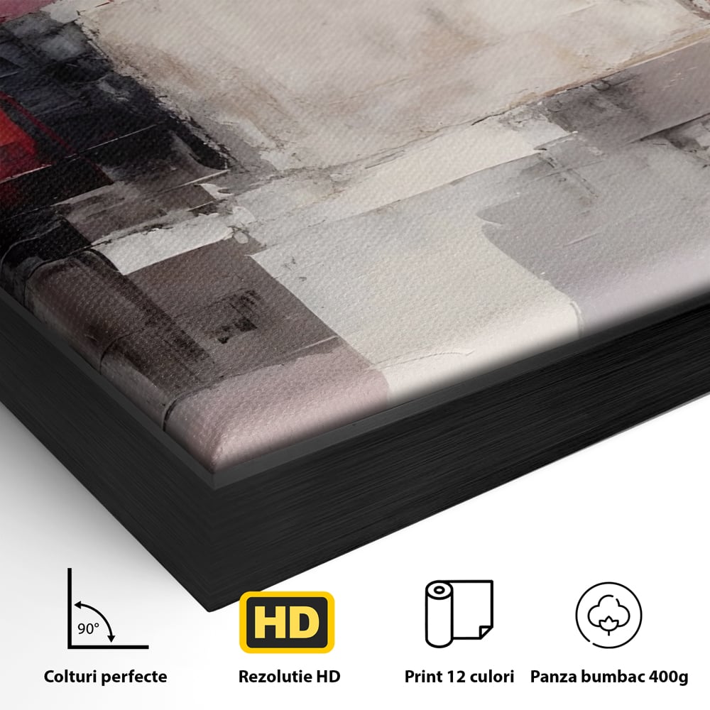 Detaliu al suprafetei: pictura abstracta cu blocuri rosii si negre, in rama de aluminiu negru