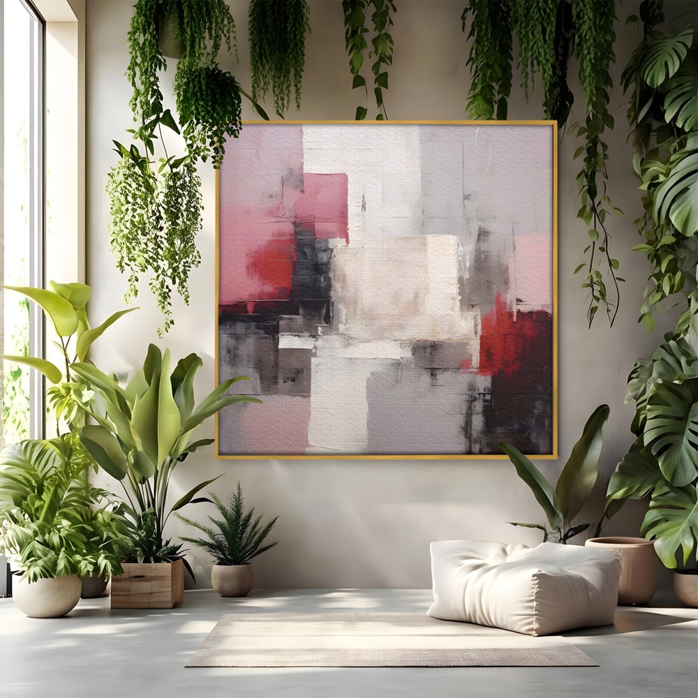 Tablou canvas cu pictura abstracta cu blocuri rosii si negre, in rama de aluminiu auriu