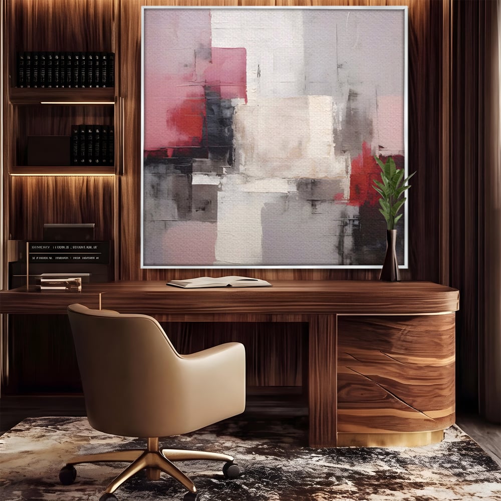 Tablou canvas cu pictura abstracta cu blocuri rosii si negre, in rama de aluminiu argintiu, pe perete intr-un birou