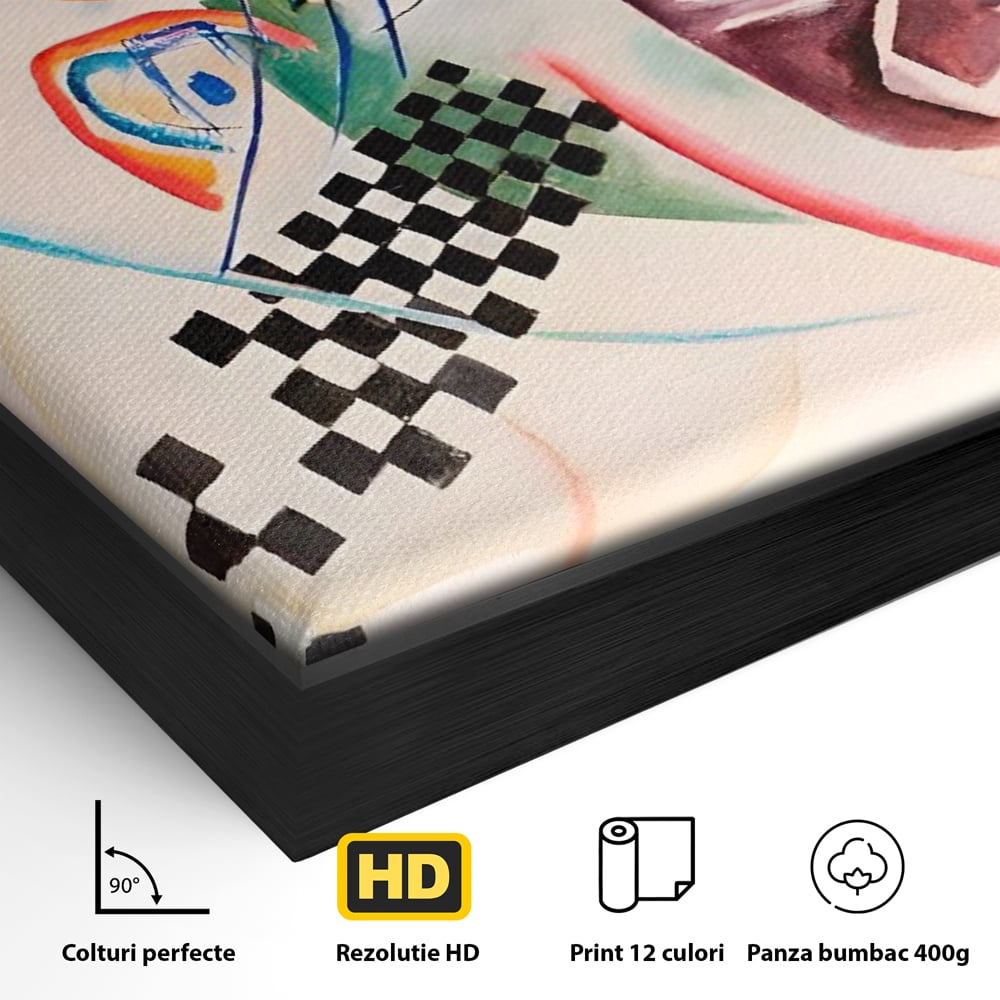 Detaliu al suprafetei: pictura abstracta cu forme geometrice, in rama de aluminiu negru