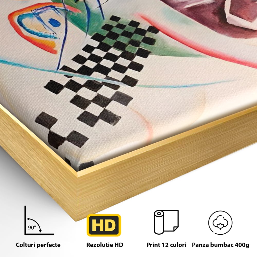 Detaliu al suprafetei: pictura abstracta cu forme geometrice, in rama de aluminiu auriu