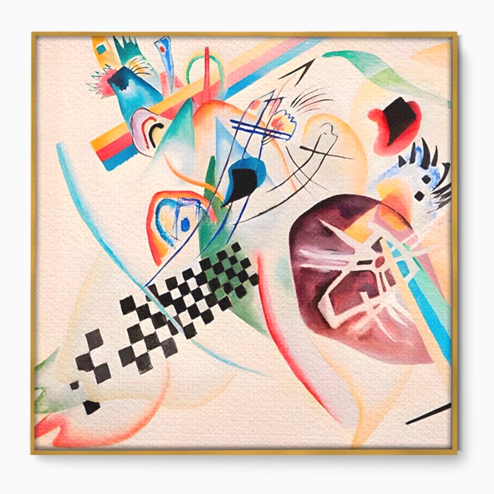 Tablou canvas cu pictura abstracta cu forme geometrice, in rama de aluminiu auriu