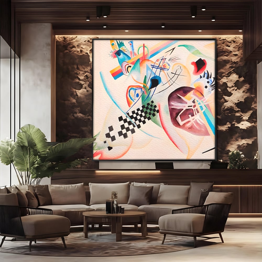 Tablou canvas cu pictura abstracta cu forme geometrice, in rama de aluminiu negru, pe perete intr-un birou