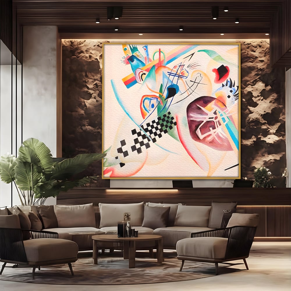 Tablou canvas cu pictura abstracta cu forme geometrice, in rama de aluminiu auriu, pe perete intr-un birou