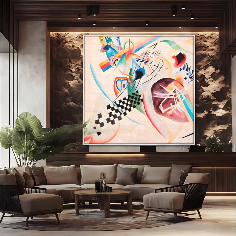 Tablou canvas cu pictura abstracta cu forme geometrice, in rama de aluminiu argintiu, pe perete intr-un birou
