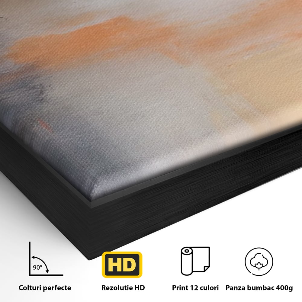 Detaliu al suprafetei: pictura abstracta cu pete portocalii, in rama de aluminiu negru