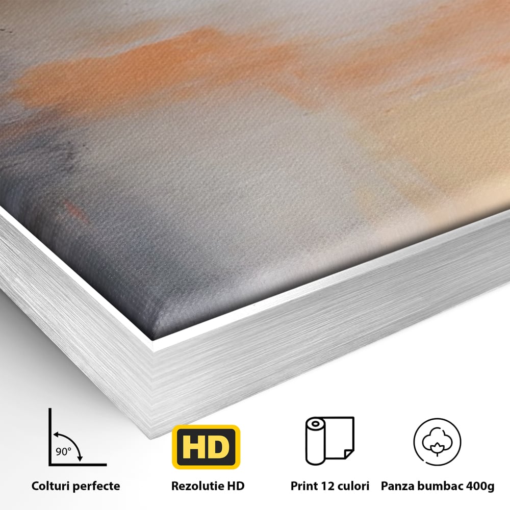 Detaliu al suprafetei: pictura abstracta cu pete portocalii, in rama de aluminiu argintiu