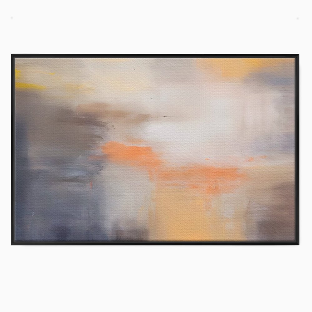 Tablou canvas cu pictura abstracta cu pete portocalii, in rama de aluminiu negru