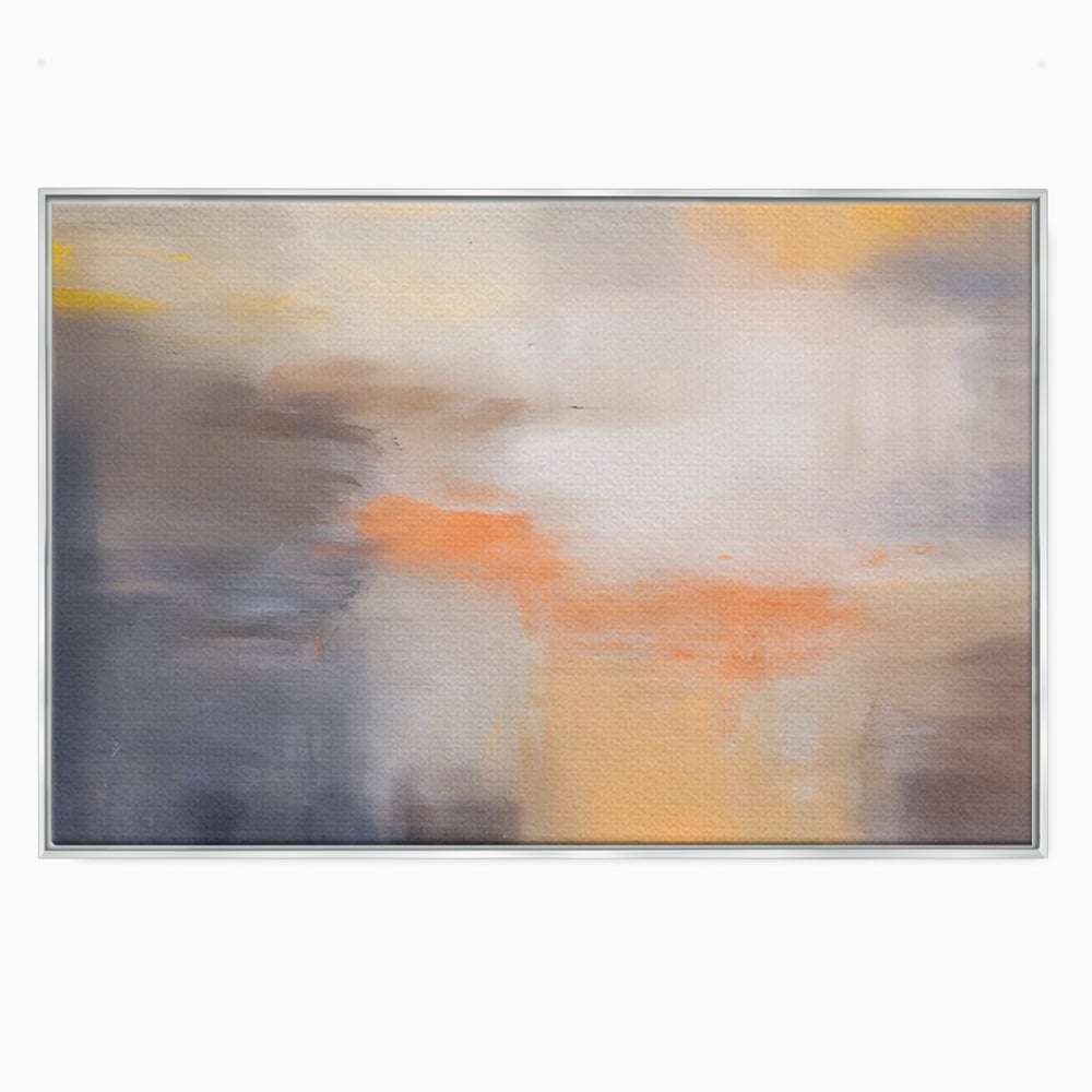 Tablou canvas cu pictura abstracta cu pete portocalii, in rama de aluminiu argintiu