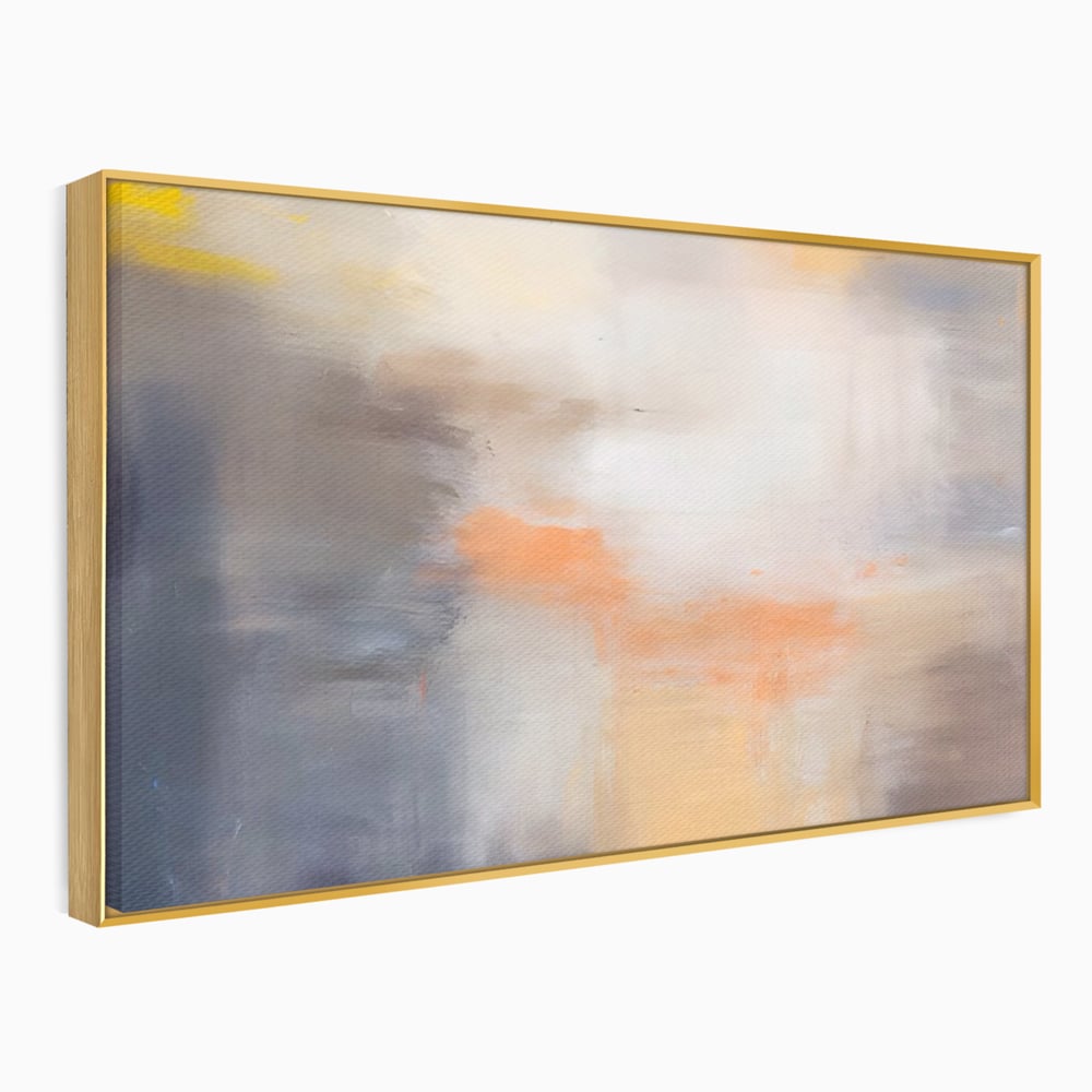 Tablou canvas cu pictura abstracta cu pete portocalii, in rama de aluminiu auriu