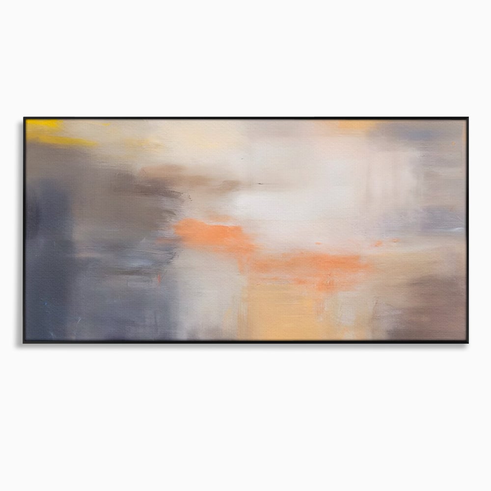 Tablou canvas cu pictura abstracta cu pete portocalii, in rama de aluminiu negru