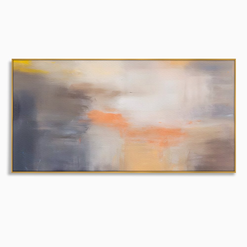 Tablou canvas cu pictura abstracta cu pete portocalii, in rama de aluminiu auriu