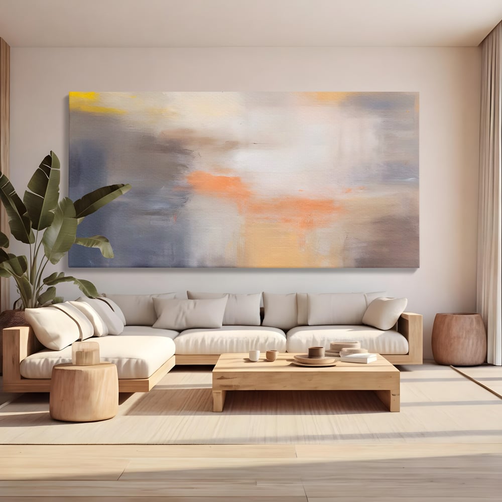 Tablou canvas cu pictura abstracta cu pete portocalii, fara rama, pe sasiu de lemn, pe perete intr-un living
