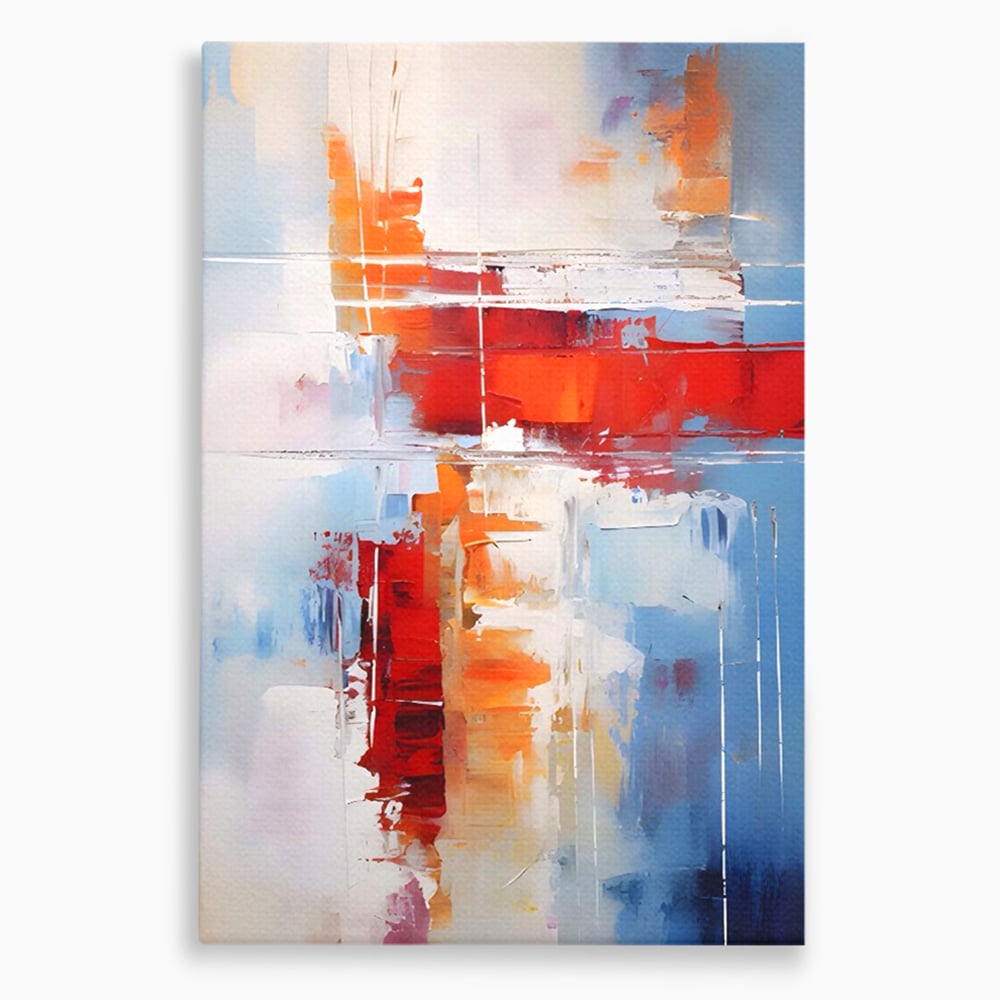 Tablou canvas cu pictura abstracta cu rosu si albastru, fara rama, pe sasiu de lemn