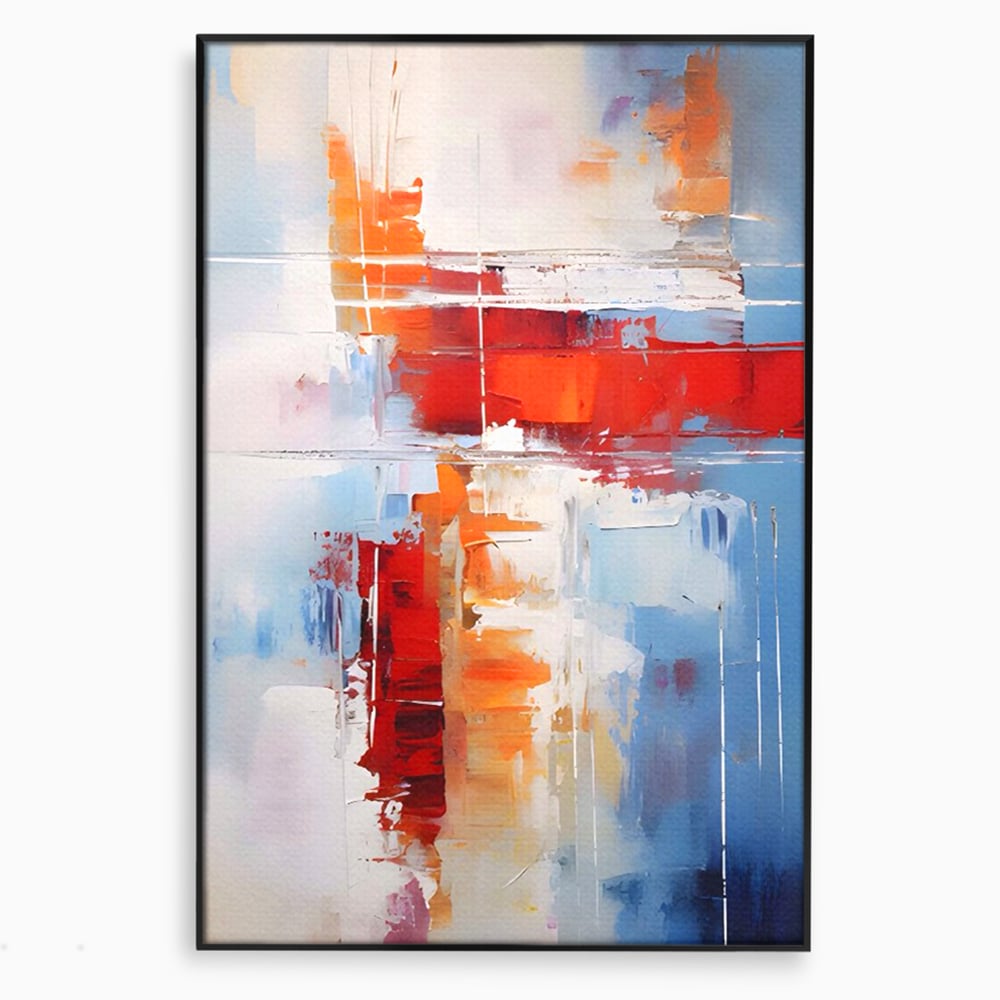 Tablou canvas cu pictura abstracta cu rosu si albastru, in rama de aluminiu negru
