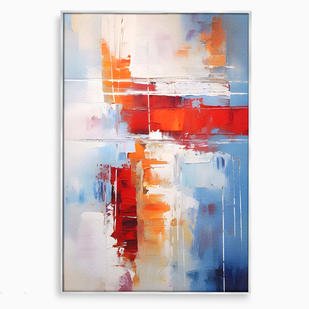 Tablou canvas cu pictura abstracta cu rosu si albastru, in rama de aluminiu argintiu
