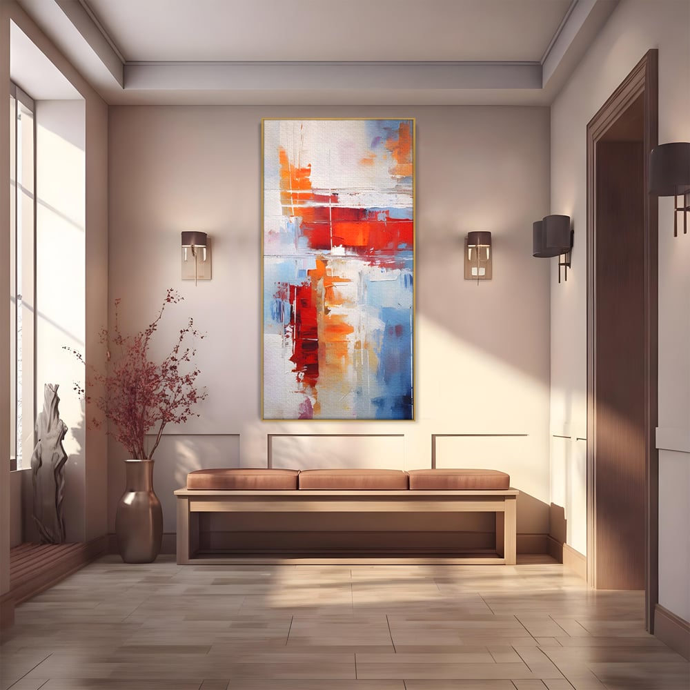 Tablou canvas cu pictura abstracta cu rosu si albastru, in rama de aluminiu auriu