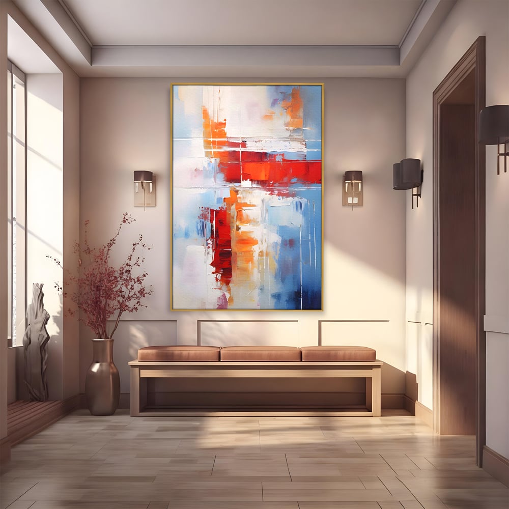 Tablou canvas cu pictura abstracta cu rosu si albastru, in rama de aluminiu auriu